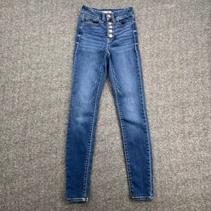 SO Womens High Rise Skinny Jeans Medium Wash Button Fly Size 0‎ 24 Blue Denim